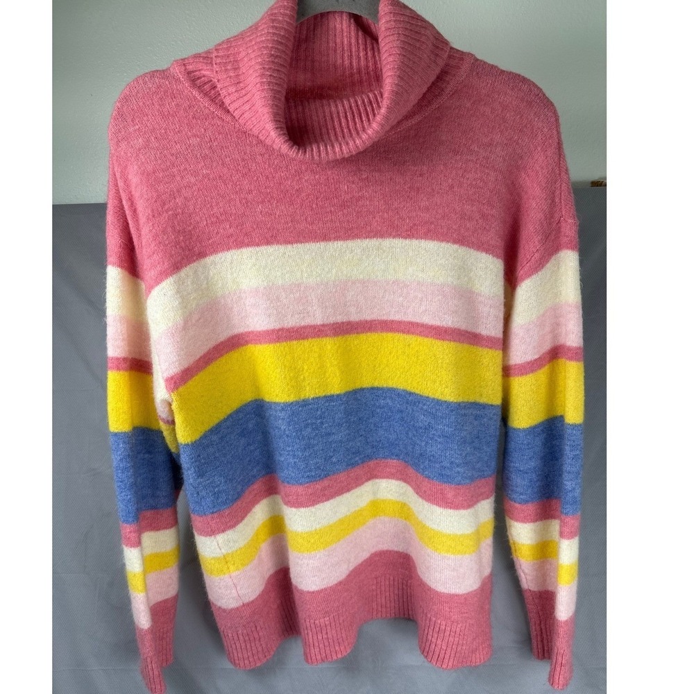Chunky Knit Cblock Striped Pullover Sweater Rainbow Multi-Color Crew Neck Top XL